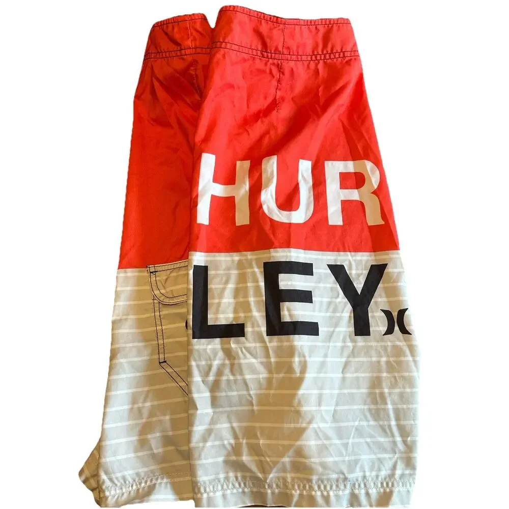 Hurley Board Shorts Men’s 34 Red Gray‎ White Stripe Swim Trunks